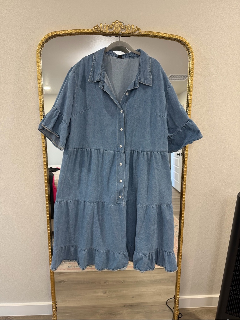 SHEIN Blue Denim Button-Front Tiered Midi Dress